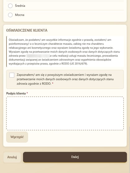 Sekcja „Oświadczenie klienta”: treść zgody na przetwarzanie danych o zdrowiu z odwołaniem do RODO, nazwa firmy zasłonięta, pole wyboru zgody oznaczone jako wymagane i puste pole na podpis palcem z przyciskiem „Wyczyść”