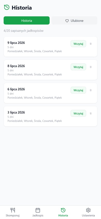 History: a „4/20 zapisanych jadłospisów” (4 of 20 saved menus) counter and four dated cards, each listing its days and a „Wczytaj” (Load) button