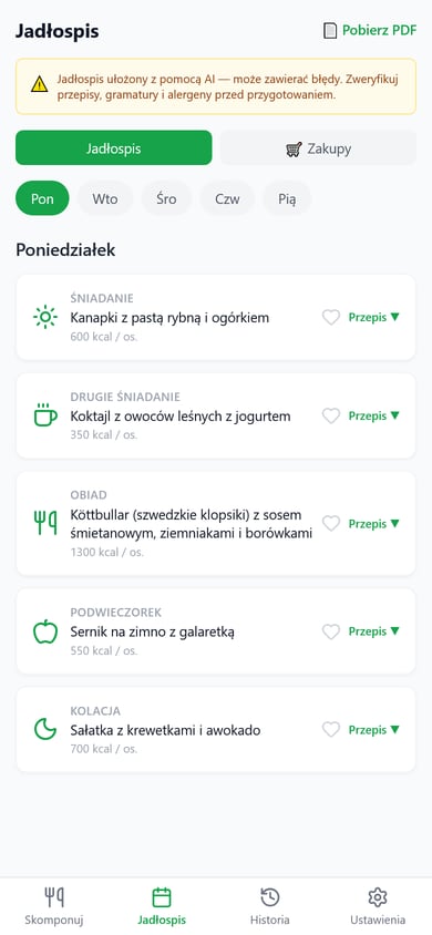 A day's meal plan screen in the Smakowity Plan app