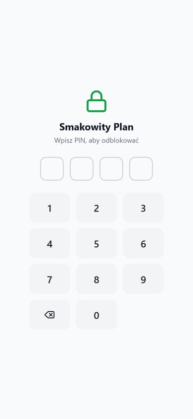 Lock screen: a green padlock, the app name „Smakowity Plan”, the prompt „Wpisz PIN, aby odblokować” (Enter PIN to unlock), four empty digit boxes and a numeric keypad