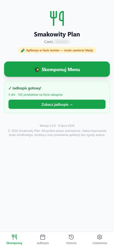 Start screen: the app name „Smakowity Plan”, a greeting with the name redacted, a „test build” warning, a green „Skomponuj Menu” (Compose menu) button and a card reading „Jadłospis gotowy! 5 dni · 102 produktów” (Menu ready! 5 days, 102 products)