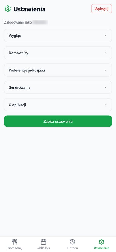 Settings: a header with a „Wyloguj” (Log out) button, a „Zalogowano jako” (Signed in as) row with the name redacted, and sections for appearance, household, menu preferences, generation and about