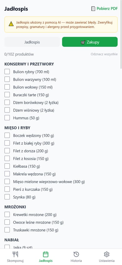 Shopping list with a „0/102 produktów” (0 of 102 products) counter, split into sections for preserves, meat and fish, frozen food and dairy; every item has a quantity and a checkbox