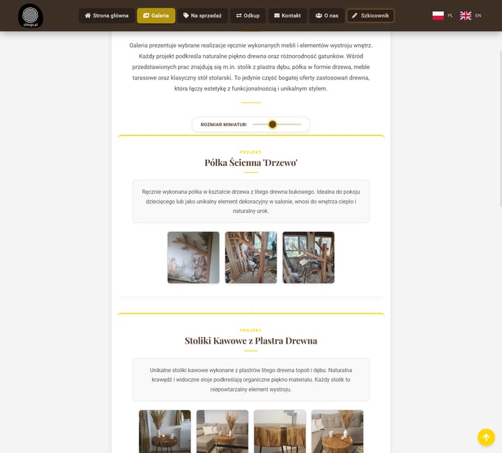Project gallery: a workshop description, a thumbnail size slider, then projects „Półka Ścienna Drzewo” (Tree wall shelf) and „Stoliki Kawowe z Plastra Drewna” (Wood slice coffee tables), each with a description and photos from the workshop and the finished interior