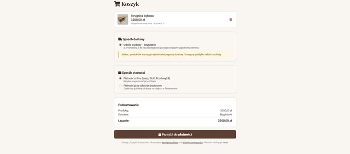 Cart holding a single product: a thumbnail of the piece, its name and price, and an order summary with a checkout button