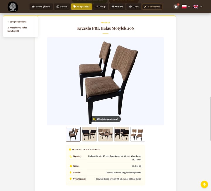 Product page for „Krzesło PRL Hałas Motylek 296”: a large photo with a „click to enlarge” hint, a strip of five thumbnails, a cart icon showing „1”, and a product information section listing dimensions, weight, material and finish