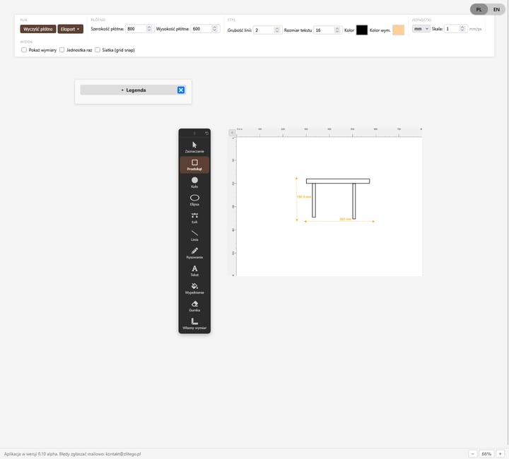 CAD sketchpad: a toolbar with canvas, line width and unit settings, a vertical tool list (select, rectangle, circle, arc, line, text, dimension) and a canvas showing a table drawing annotated 190 and 303 mm